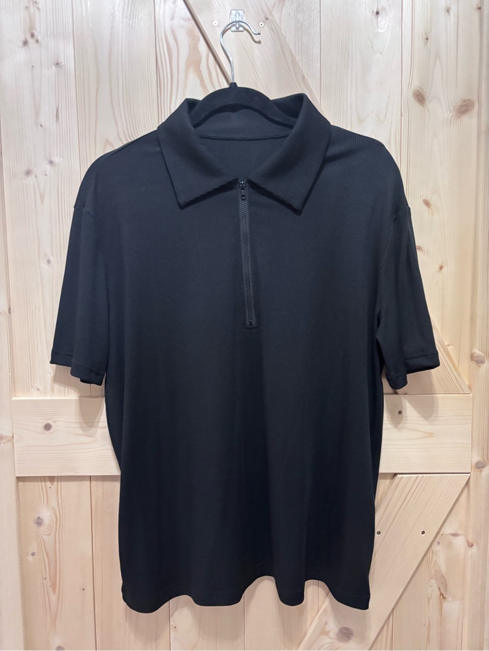 Women’s Black Short-Sleeve Zip Polo Shirt-SHEIN Large